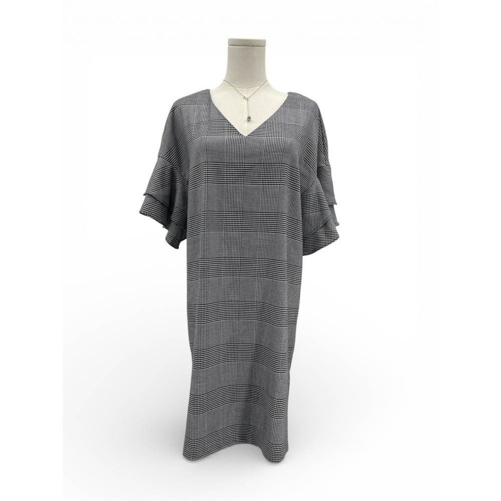 Worthington Plaid Midi Dress Women M White Blk Glen Check Flutter Sleeve Stretch